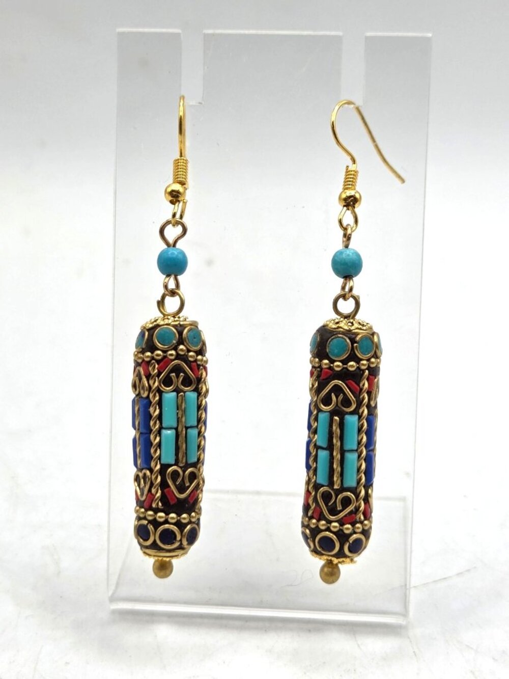 Boho Dangle Earrings With Faux Turquoise & Red Inlays Brass Accents